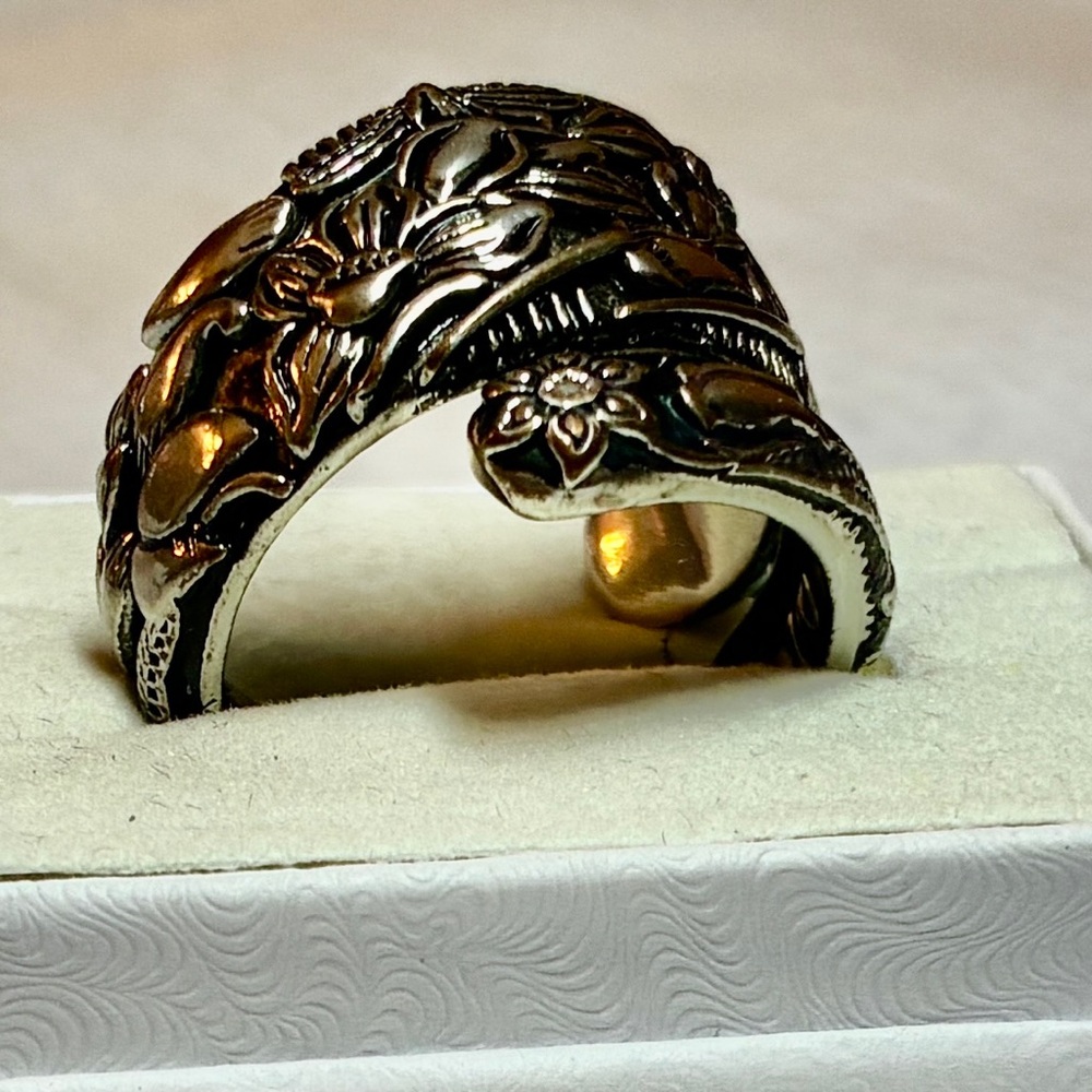 Floral Engraved Spoon Ring - Women's Statement Band in 9.25 Sterling Silver - Picture 9 of 15